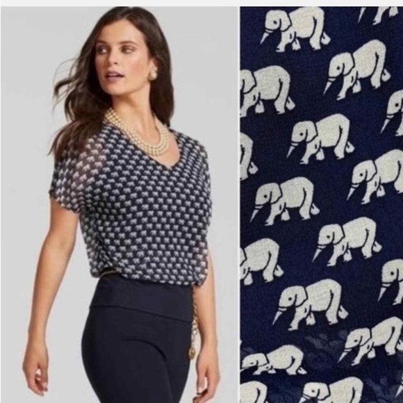 Cabi Elephant Parade Navy White Chiffon Overlay Banded Knit Body/Bottom Zip Top - Picture 2 of 11